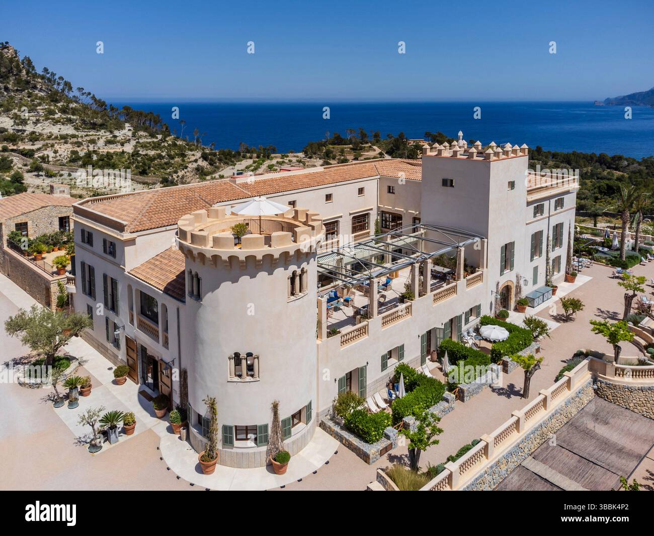 Son Bunyola Villas Hôtel, parmi les terrasses d'oliviers, Banyalbufar, zone naturelle de la Serra de Tramuntana., Majorque, Îles Baléares, Espagne. Banque D'Images
