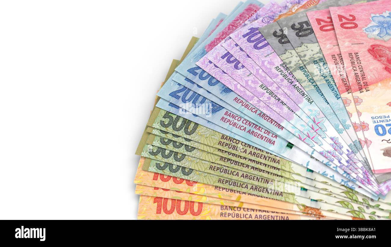 Billets de banque argentin Peso en différentes coupures. Banque D'Images