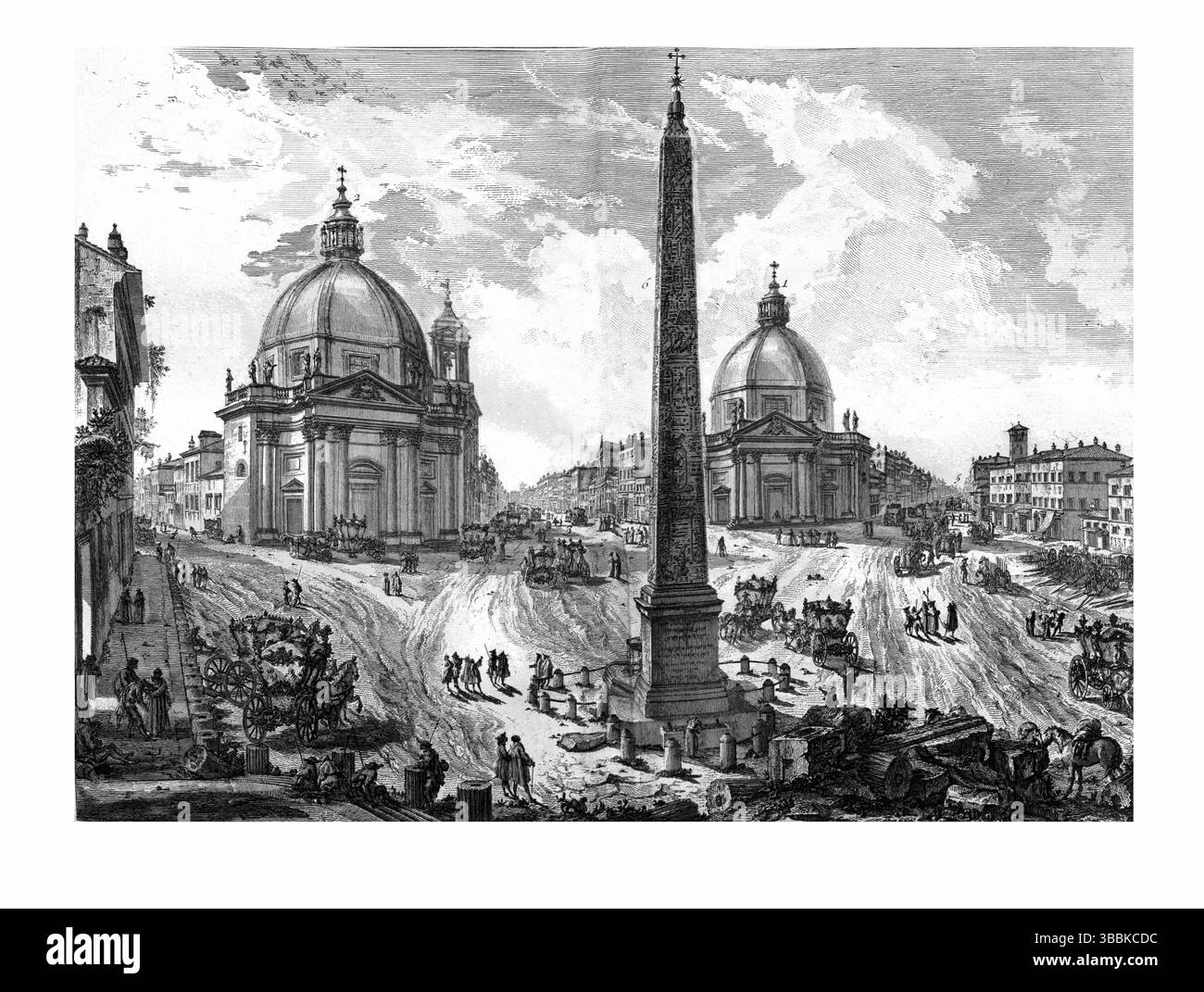 Gravure détaillée du XVIIIe siècle de la Piazza del Popolo à Rome, mettant en valeur son impressionnant plan urbain, ses églises historiques et l'architecture environnante. Banque D'Images