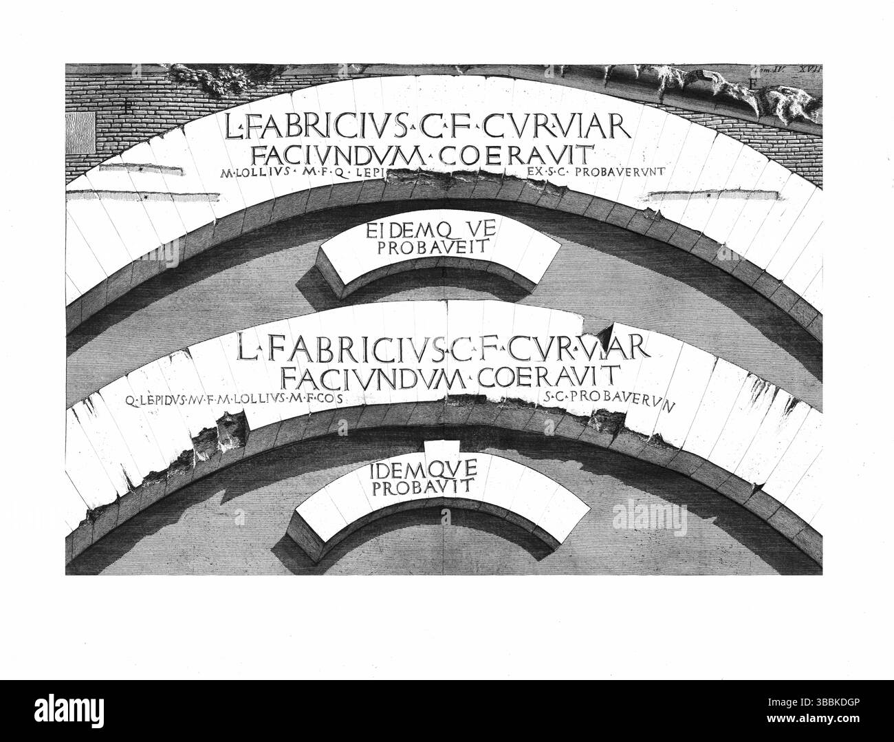 Photo haute résolution de l'inscription latine sculptée dans les voussoirs de l'arc du Ponte Fabricius, le plus ancien pont romain de Rome construit en 62 av. J.-C., également appelé Ponte Quat Banque D'Images