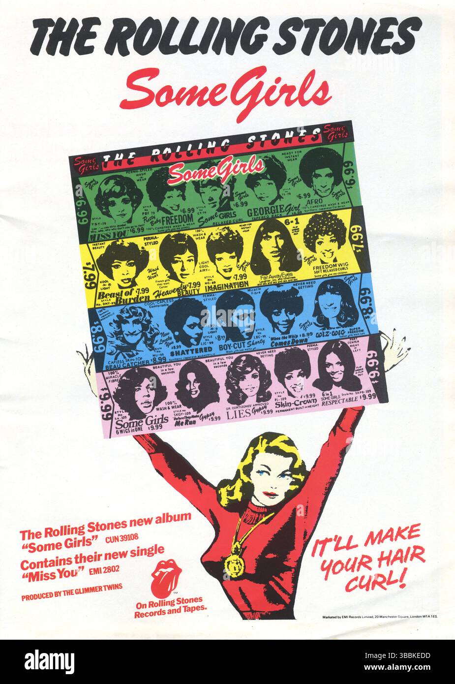 Les Rolling Stones, Some Girls presse publicité en couleur. Mentionne le nouveau single Miss You. Rolling Stones Records. Some Girls Albums de The Rolling Stones Some Girls Some Girls Some Girls est le quatorzième album studio du groupe de rock anglais The Rolling Stones, publié le 9 juin 1978 par Rolling Stones Records. Il a été enregistré lors de sessions tenues d'octobre 1977 à février 1978 aux studios Pathé Marconi à Paris et produit par les auteurs-compositeurs en chef du groupe - le chanteur Mick Jagger et le guitariste Keith Richards (crédité sous le nom de The Glimmer Twins) - avec Chris Kimsey Engineering Banque D'Images
