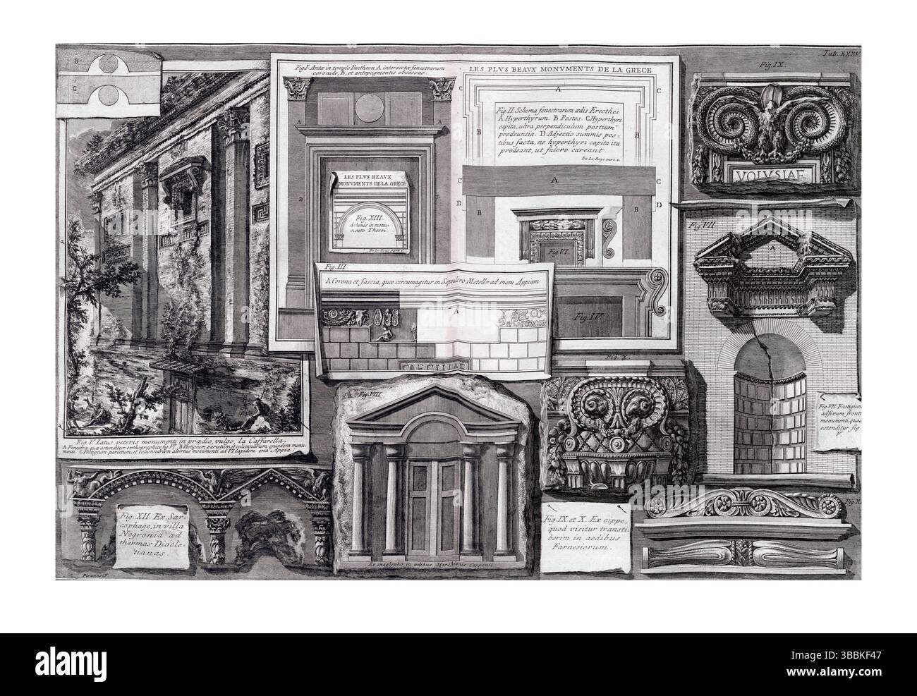 Gravure du XVIIIe siècle par le Roy montrant une comparaison détaillée des éléments architecturaux romains et grecs, mettant en évidence le design classique et l'ornementation Banque D'Images