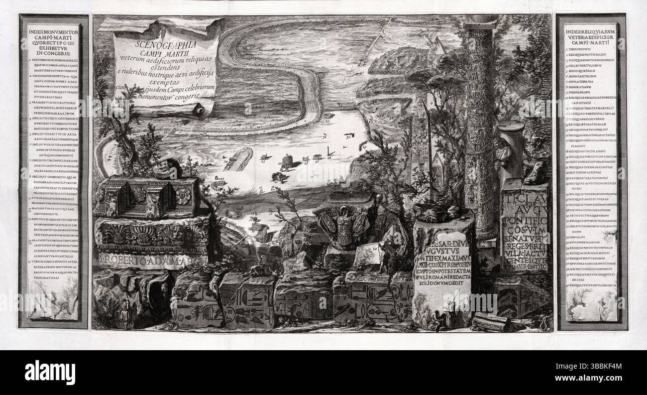 Vue aérienne imaginée du Campus Martius de la Rome antique par Piranesi, gravure détaillée de 1762 du Campo Marzio, mettant en valeur l'architecture classique et ur Banque D'Images