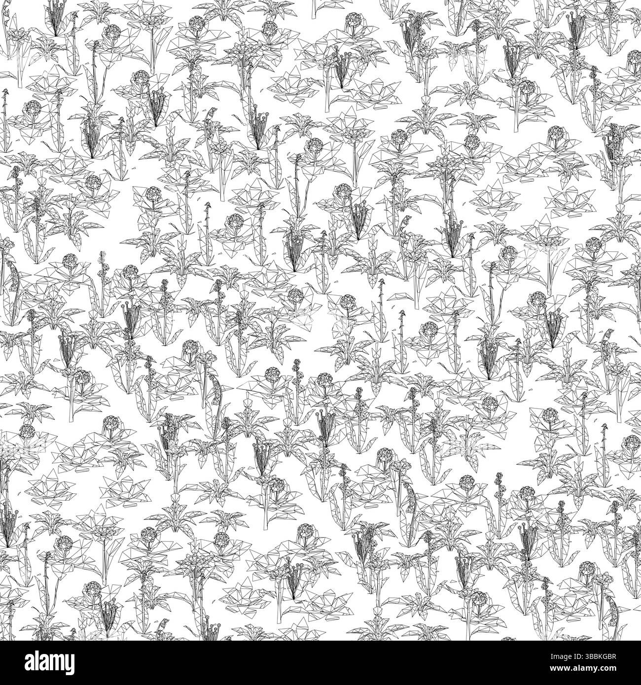 Une image en noir et blanc d'un champ de fleurs. Les fleurs sont dispersées dans toute l'image, avec certaines au premier plan et d'autres dans l'arrière-plan Illustration de Vecteur