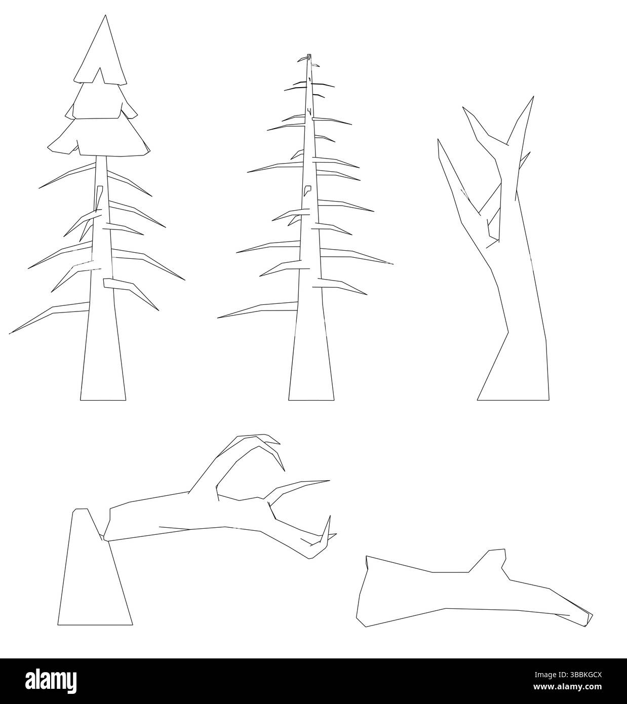 Une série d'arbres, y compris un grand pin, un petit pin et un arbre avec une branche cassée. Les arbres sont tous dessinés en noir et blanc, donnant Illustration de Vecteur