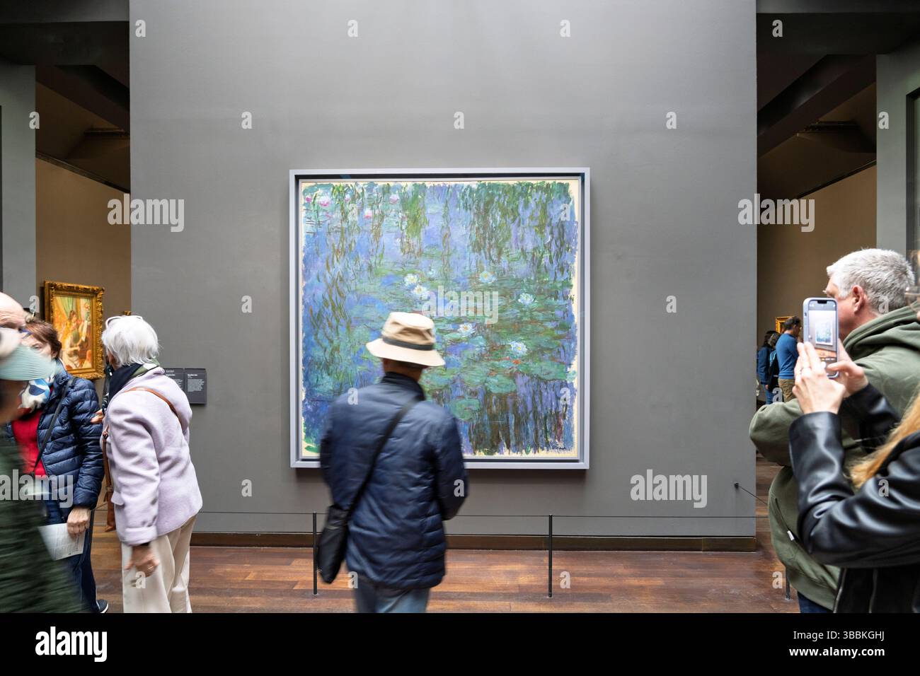 Peinture de nénuphars par Monet, exposition photographique Muse dÕOrsay intérieur, centrée sur les personnes observant l'art impressionniste de peintres comme Renoir Banque D'Images