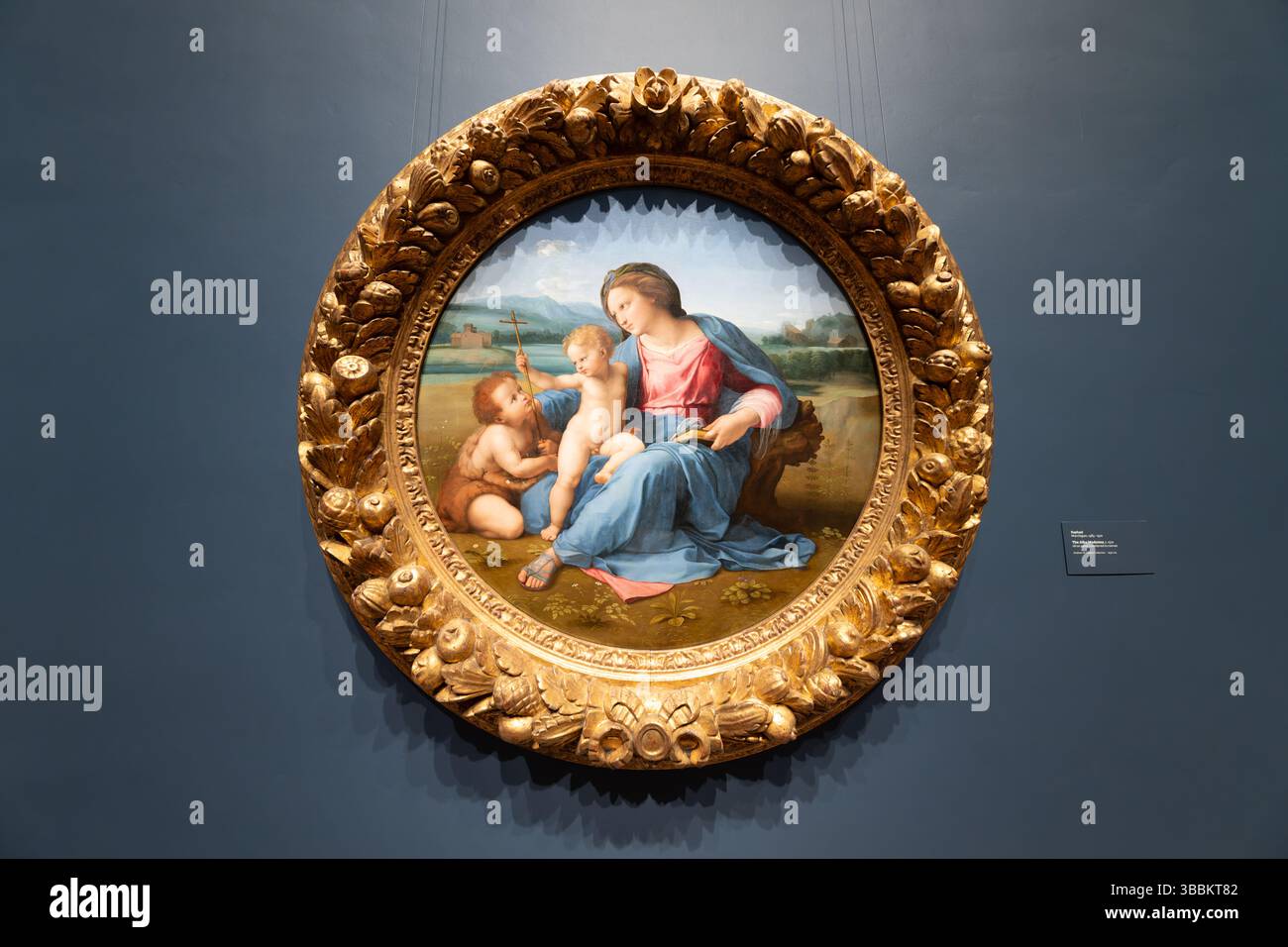 WASHINGTON DC — la Vierge Alba de Raphaël, peinte vers 1510, est un chef-d'œuvre de la haute Renaissance exposé à la National Gallery of Art dans le cadre de la collection Andrew W. Mellon. Cette composition circulaire (tondo) a été créée peu de temps après le déménagement de Raphaël à Rome, montrant l'influence de l'art antique dans ses figures plus robustes et monumentales. La peinture représente la Vierge avec le Christ enfant et l'enfant Jean-Baptiste, avec le Christ acceptant une croix mince qui symbolise son sacrifice futur, démontrant l'évolution de Raphaël vers une plus grande profondeur psychologique et un monum classique Banque D'Images