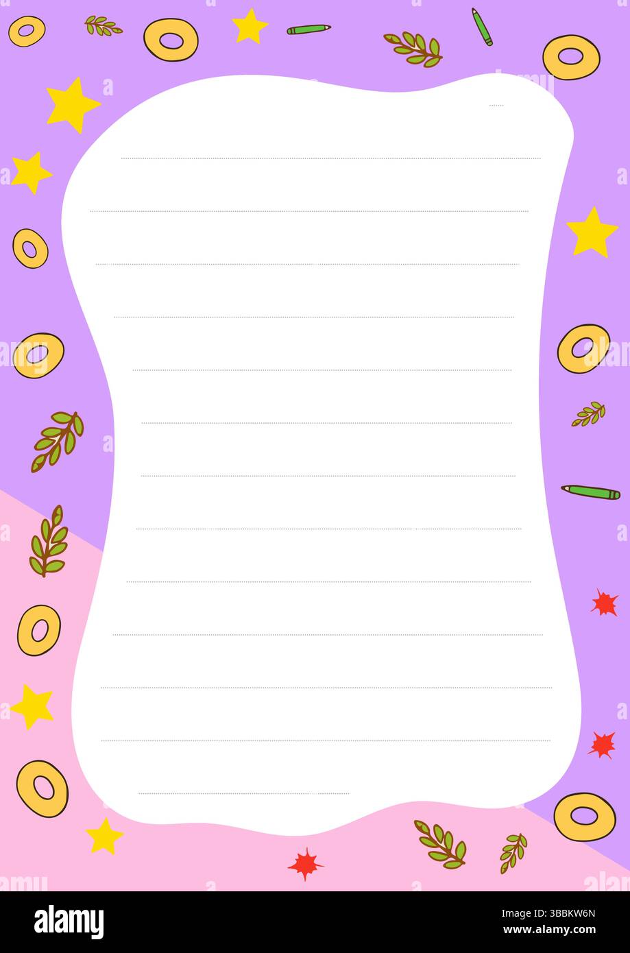 Modèle de papier de papeterie rose mignon avec des feuilles d'étoiles et des anneaux Design parfait pour les notes ou les lettres Illustration de Vecteur