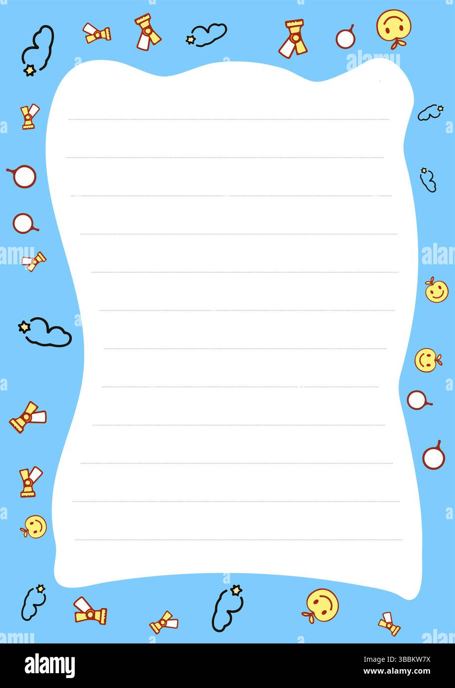 Modèle de papier ligné bleu mignon avec nuages de dessins animés et Smileys parfait pour les notes ou les journaux Illustration de Vecteur