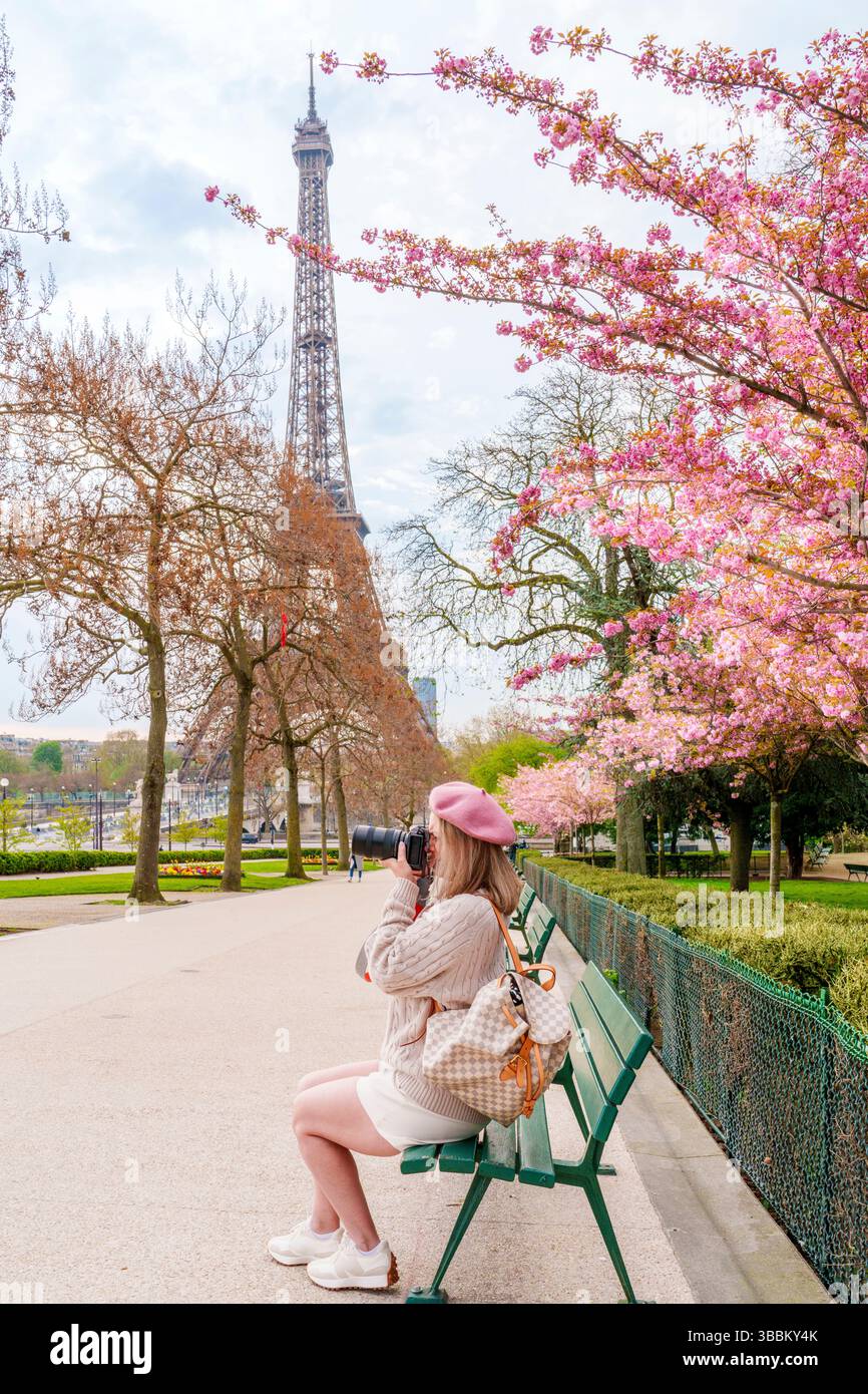 Femme appréciant les fleurs de cerisier (MR) fleurs de cerisier rose floraison en avril, Trocadéro Garden 16ème Arrondisement Paris, France, Europe Banque D'Images