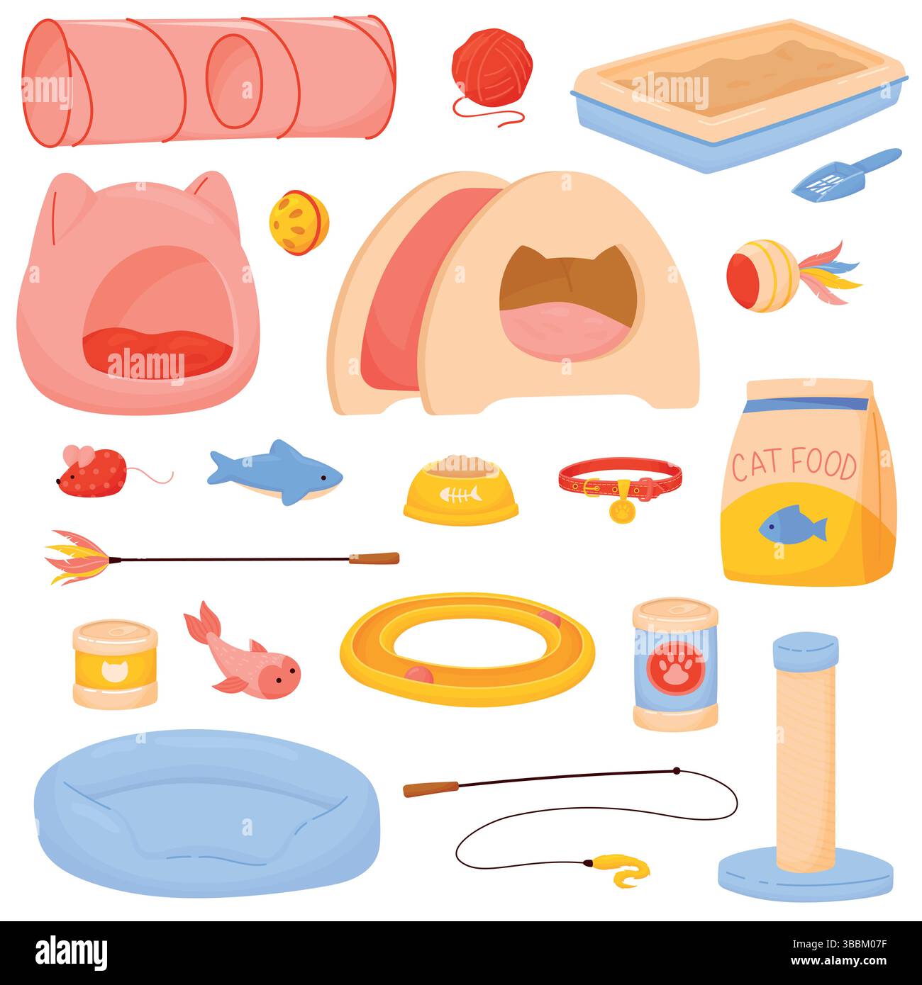 Ensemble d'accessoires pour chats. EQUIPEMENT d'animalerie. Trucs de chaton de dessin animé. Jouets, lits, bac à litière Illustration de Vecteur