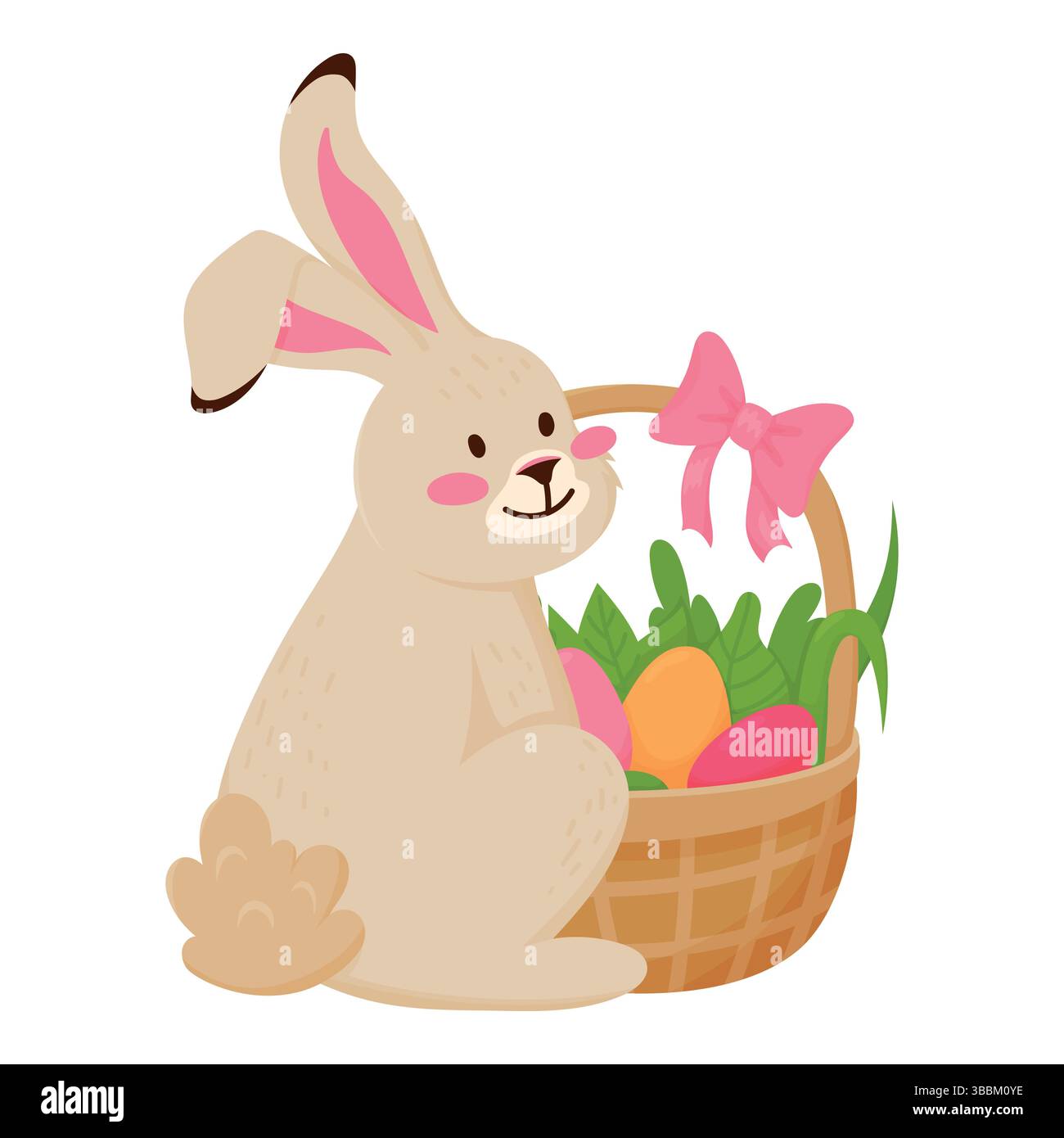 Joli lapin de Pâques avec un panier plein d'œufs isolé sur blanc. Chasse aux œufs de Pâques Illustration de Vecteur