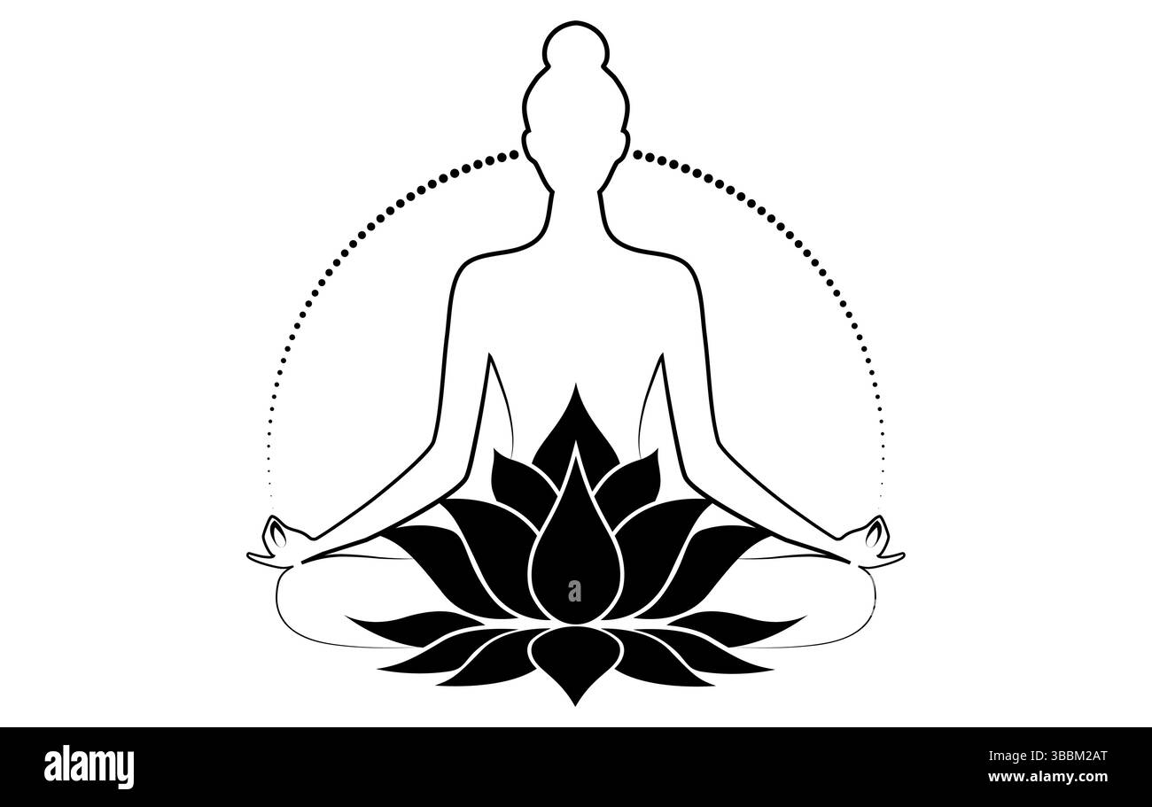 Femme assise en position lotus et méditant. Fleur de Lotus sacrée, conception de logo. Fleur symbole de yoga, spa, salon de beauté, cosmétiques, relax, Illustration de Vecteur Femme assise en position lotus et méditant. Fleur de Lotus sacrée, conception de logo. Fleur symbole de yoga, spa, salon de beauté, cosmétiques, relax, Illustration de Vecteur