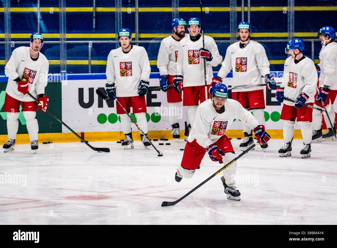 Herning, Danemark. 16 mai 2025. Joueurs tchèques lors de l’entraînement de l’équipe nationale tchèque de hockey sur glace au Championnat mondial de hockey sur glace 2025 de l’IIHF, Herning, Danemark, le 16 mai 2025. Crédit : vit Simanek/CTK photo/Alamy Live News Banque D'Images