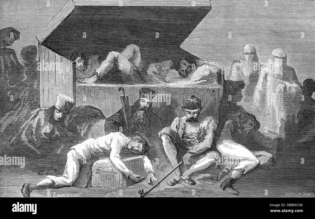 Passagers sur le pont la nuit sur un bateau à aubes, bateau fluvial ou bateau de croisière fluviale sur le Danube Europe. Gravure vintage ou historique ou illustration 1866 Banque D'Images