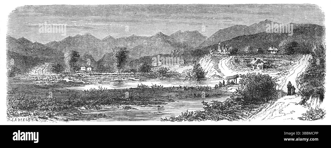 Vue précoce de Curtea de Arges sur la rivière Arges Roumanie. Gravure vintage ou historique ou illustration 1866 Banque D'Images
