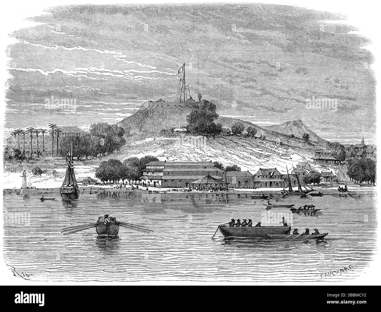 Vue anticipée sur la baie, le port, le port, le front de mer ou le front de mer de Cayenne Guyane française Amérique du Sud. Gravure vintage ou historique ou illustration 1866 Banque D'Images
