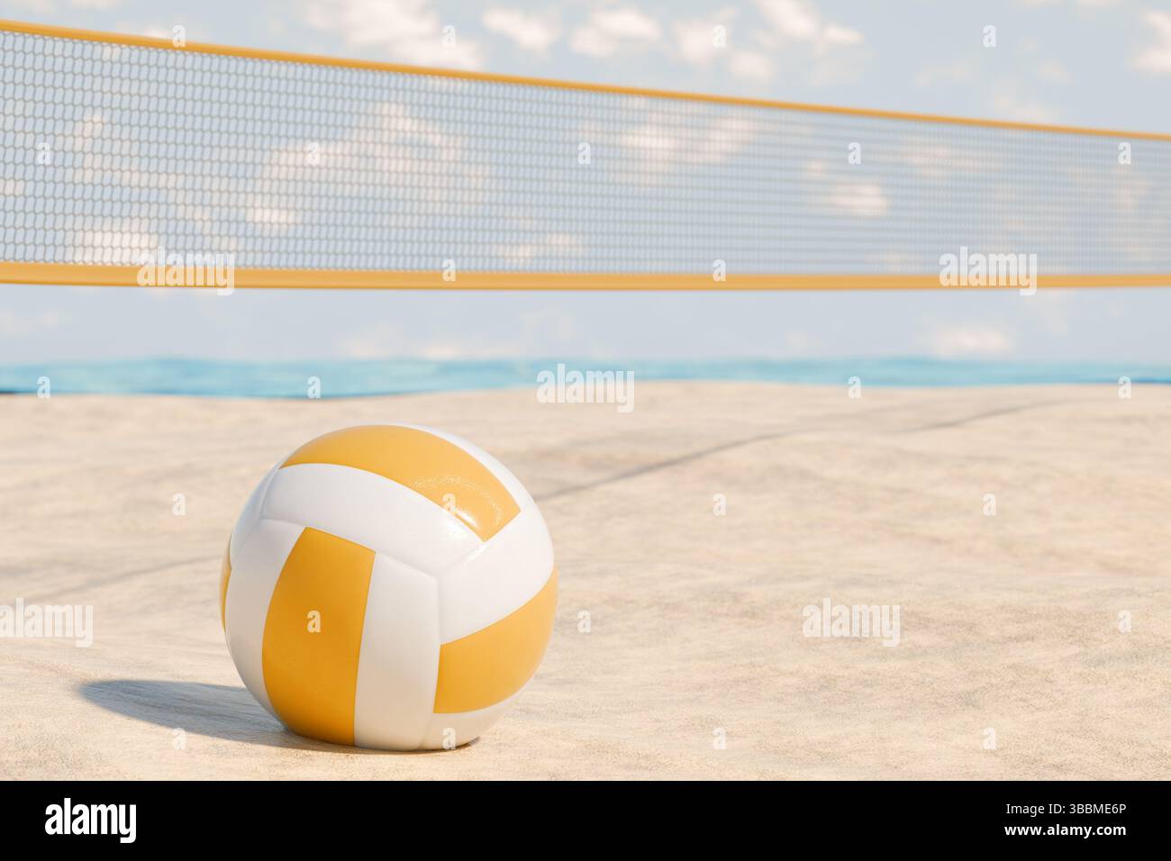 Un volley-ball sur un terrain de plage de sable avec un filet en arrière-plan, idéal pour les activités de vacances d'été. rendu 3d. Banque D'Images