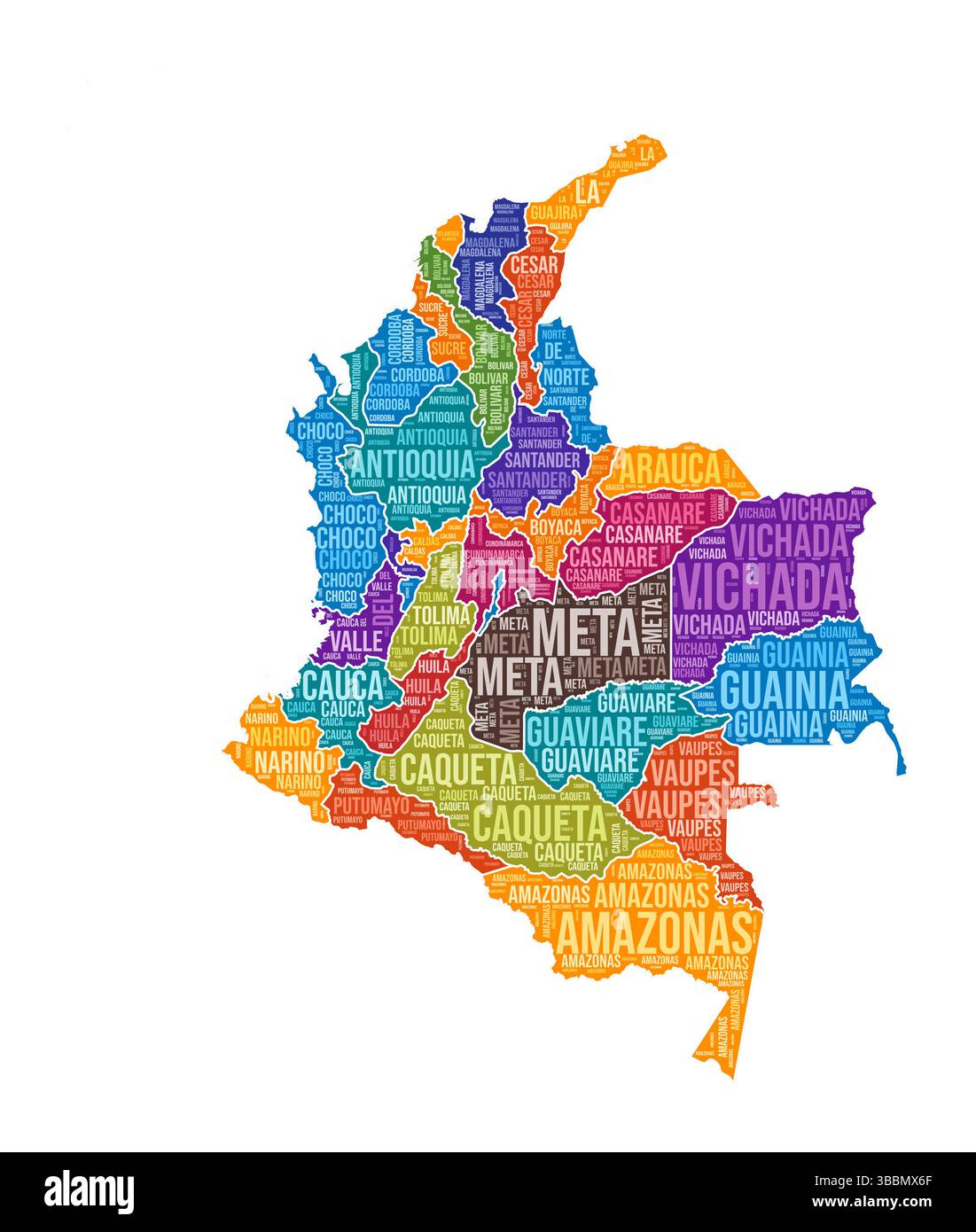 Forme Colombie. Nuage de mots de pays avec division de région. Colombie illustration colorée. Nuage de noms de région. Illustration vectorielle. Illustration de Vecteur