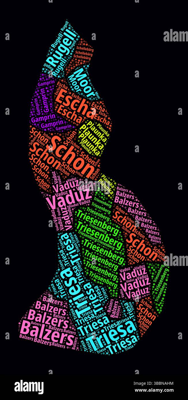 Liechtenstein Word Cloud. Noms de région du pays en allemand. Design de style néon lumineux sur un fond sombre. Illustration de Vecteur