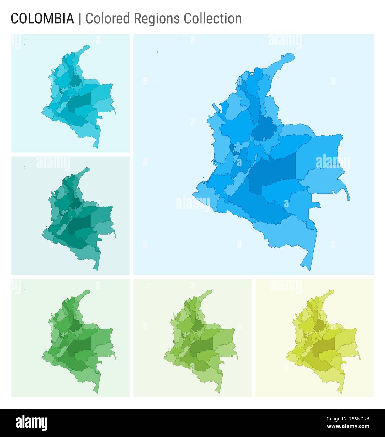 Collection de cartes Colombie. Forme de pays avec régions colorées. Bleu clair, cyan, sarcelle, vert, vert clair, palettes de couleurs de chaux. Illustration de Vecteur