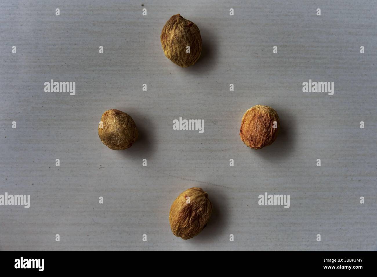 Pose à plat d'abricots séchés sur une surface légère Banque D'Images