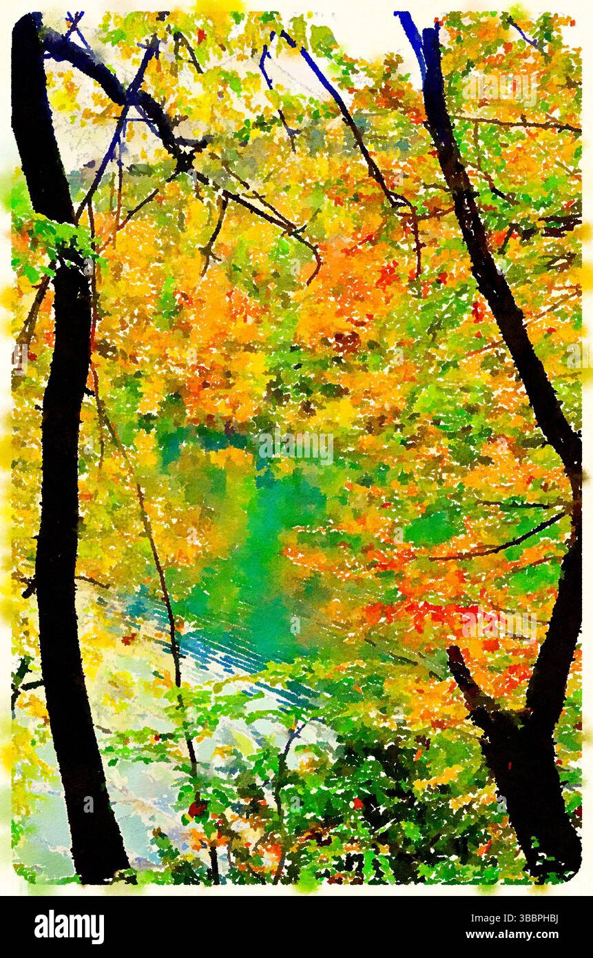 Aquarelle numérique de la forêt verte dense dans le parc national de Plitvice, Croatie, capturant le feuillage riche et les grands arbres dans la lumière de l'été. Banque D'Images