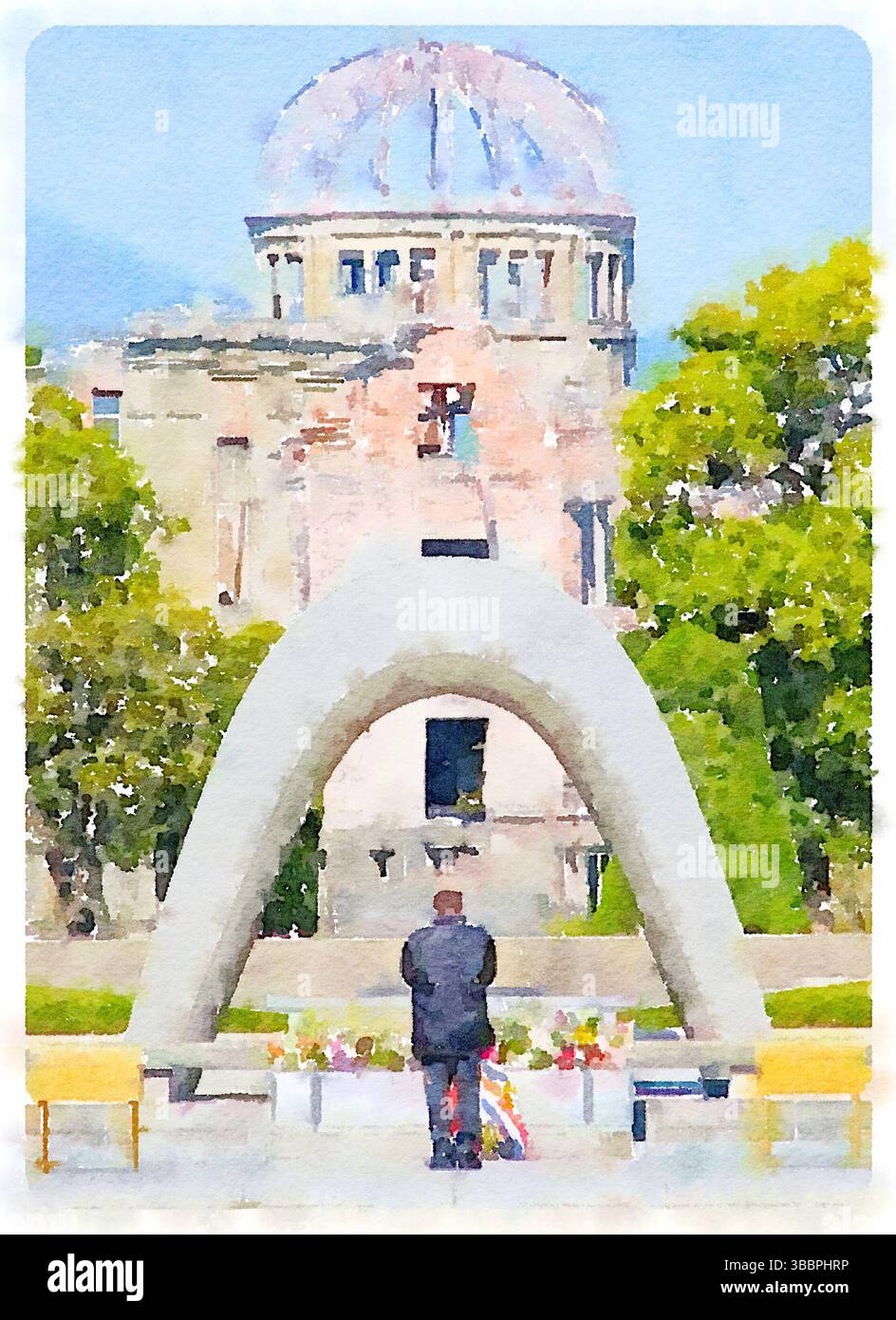 Image artistique de style aquarelle mettant en valeur les gratte-ciel d'Hiroshima, mettant en valeur le parc mémorial de la paix et mêlant importance historique et modernité Banque D'Images