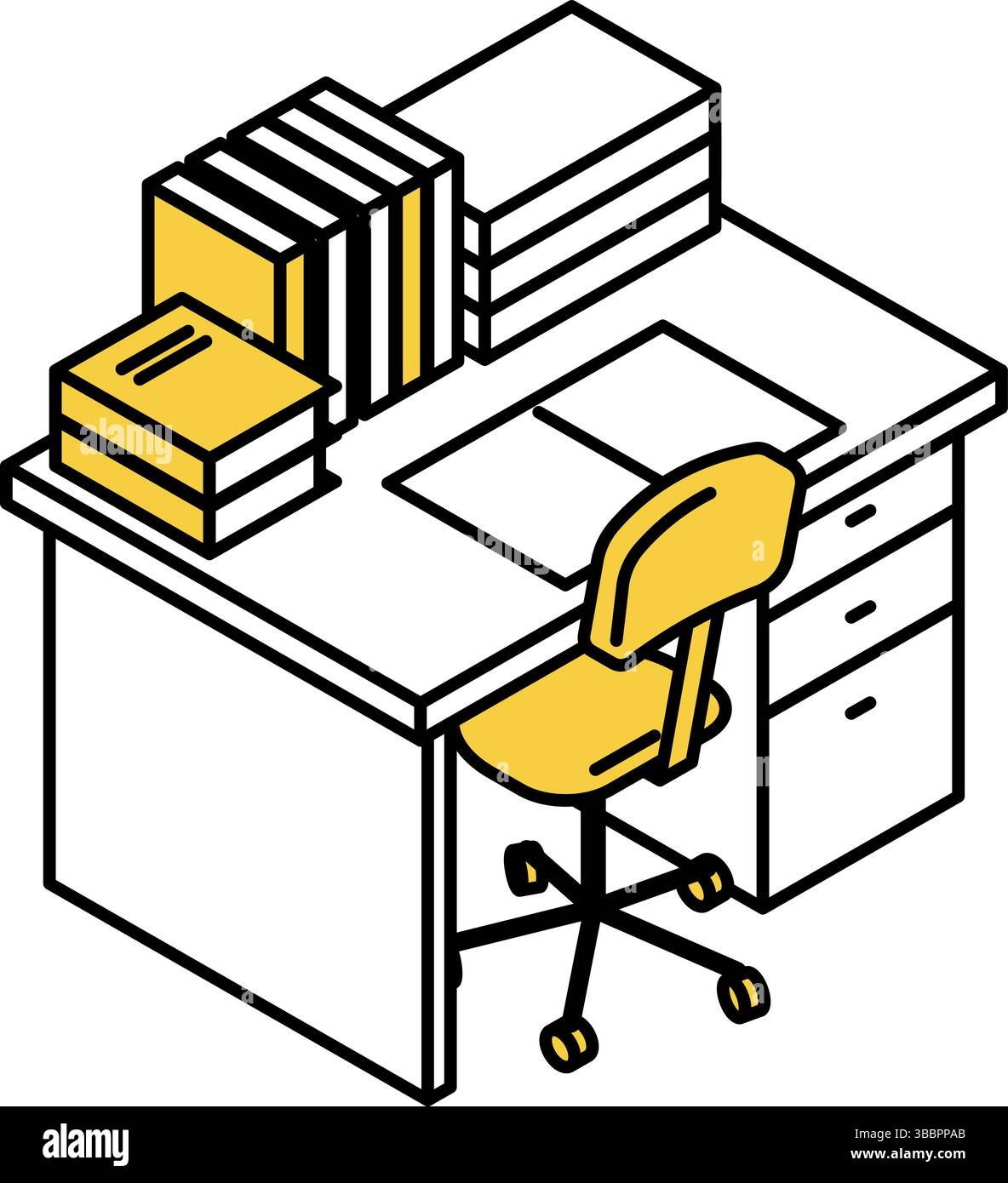 Illustration simple et mignonne de dessin au trait isométrique d'un bureau d'étude doublé de livres, illustration vectorielle Illustration de Vecteur
