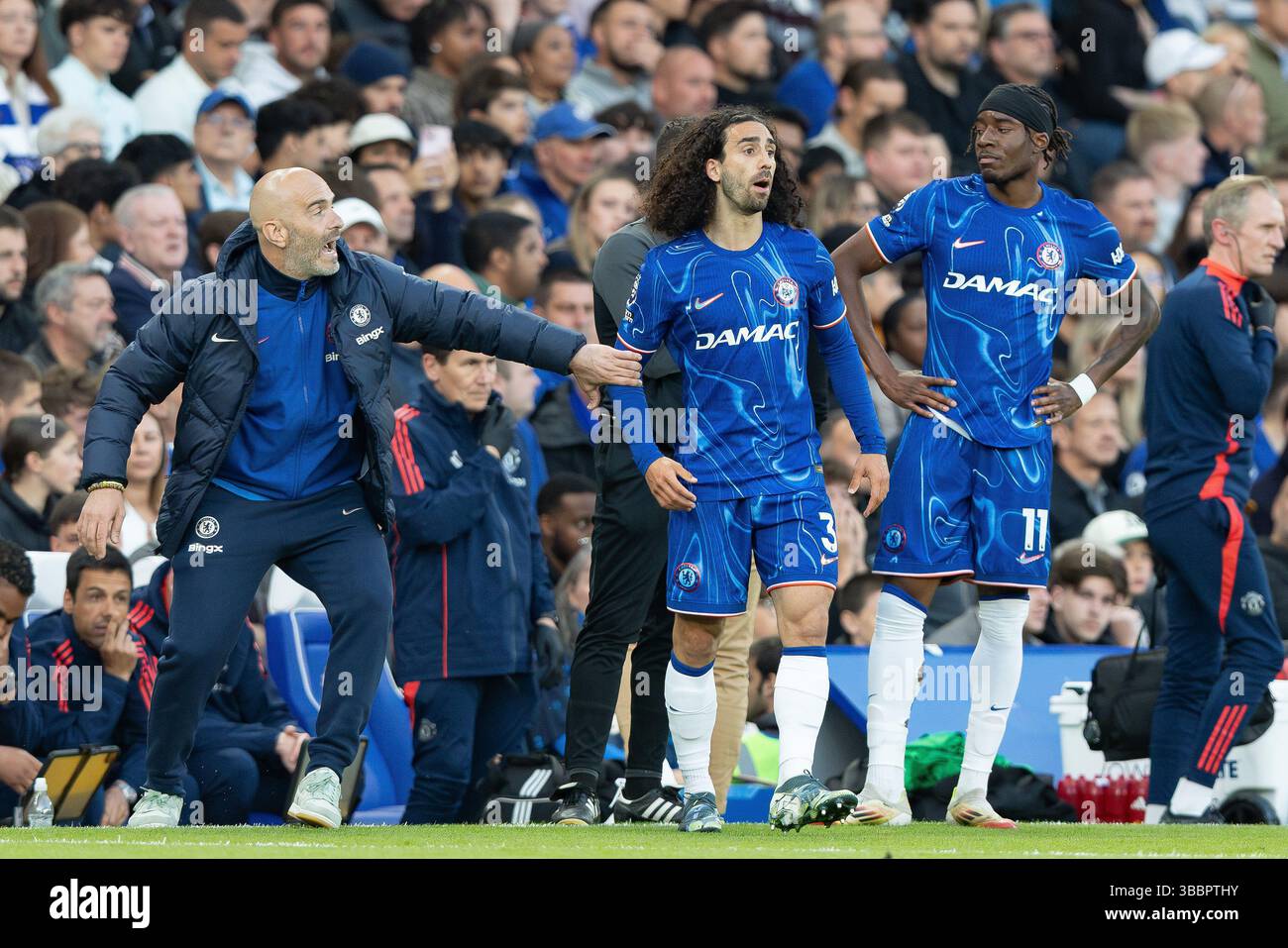 16 mai 2025 ; Stamford Bridge, Chelsea, Londres, Angleterre : premier League Football, Chelsea contre Manchester United ; Enzo Maresca, entraîneur de Chelsea, Marc Cucurella de Chelsea, Noni Madueke de Chelsea Banque D'Images