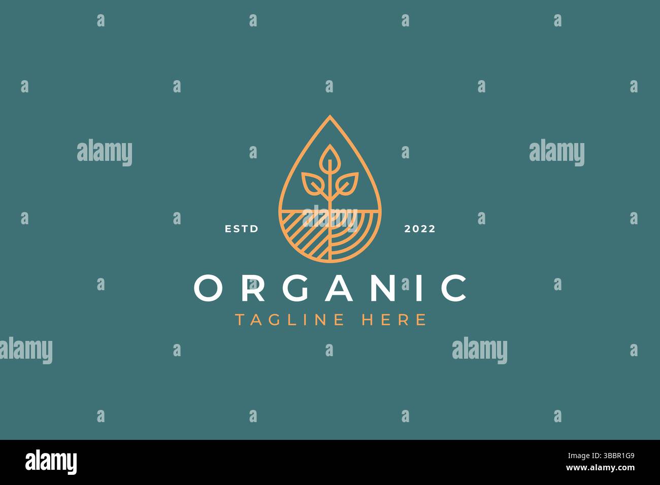 Logo organique avec plante d'illustration géométrique abstraite, goutte d'eau, champ pour la nourriture, la vie saine et le concept d'identité de marque de l'industrie agricole. Illustration de Vecteur