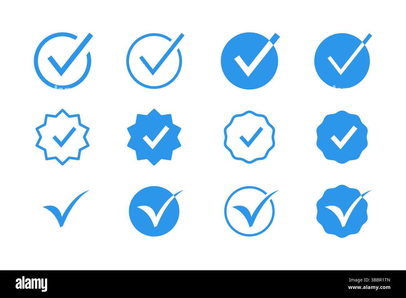 Icône de badge logo de signe de coche vérifiée définie avec la couleur bleue. Vérifier, accepter, confirmer, approuver, original, garantie. Illustration de Vecteur