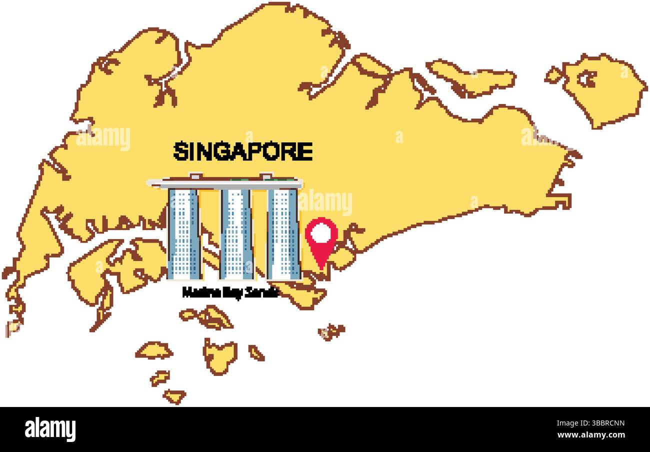 Illustration vectorielle de la carte de Singapour mettant en évidence Marina Bay Sands. Design simple avec des étiquettes claires et des couleurs vives Illustration de Vecteur
