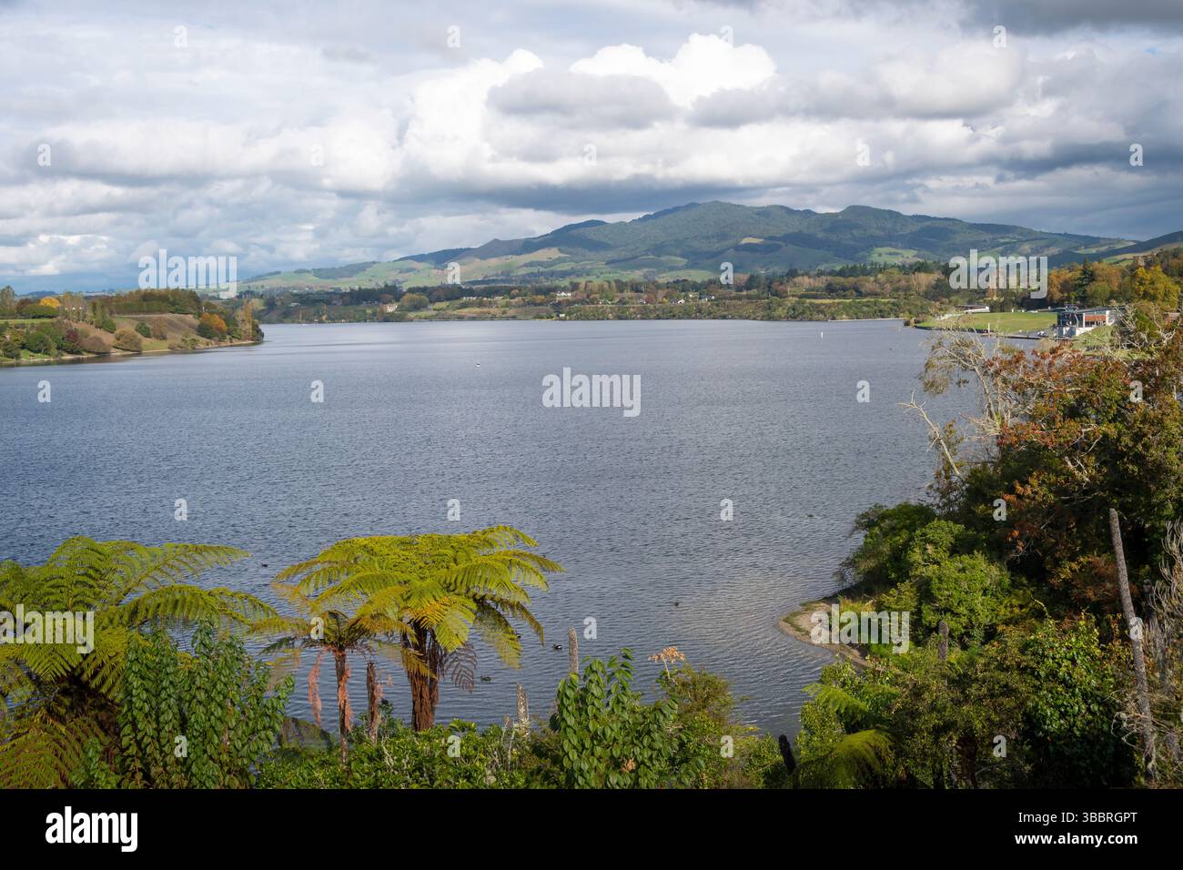 Lac Karapoti, Cambridge, Waikato, Île du Nord, Nouvelle-Zélande. Sanctuary Mountain à distance., Banque D'Images