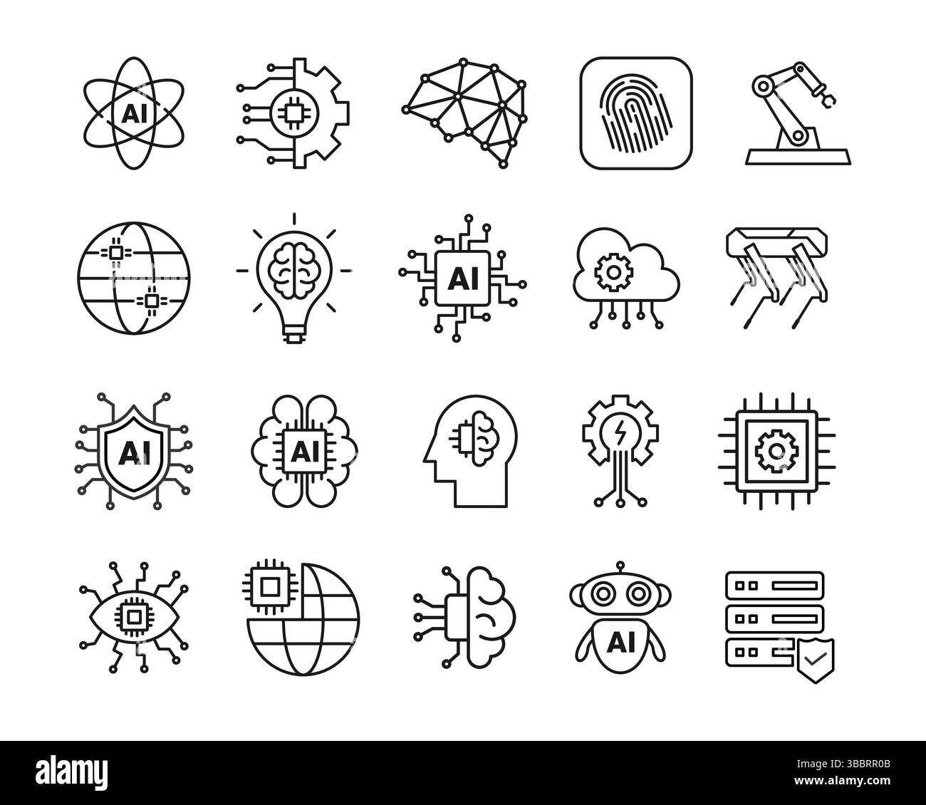 Ensemble d'icônes de technologie d'intelligence artificielle, icônes modernes de technologie ai, main robotique, chien robot spot, puce ai, sécurité, jeu d'icônes de contour de ligne modifiables Illustration de Vecteur