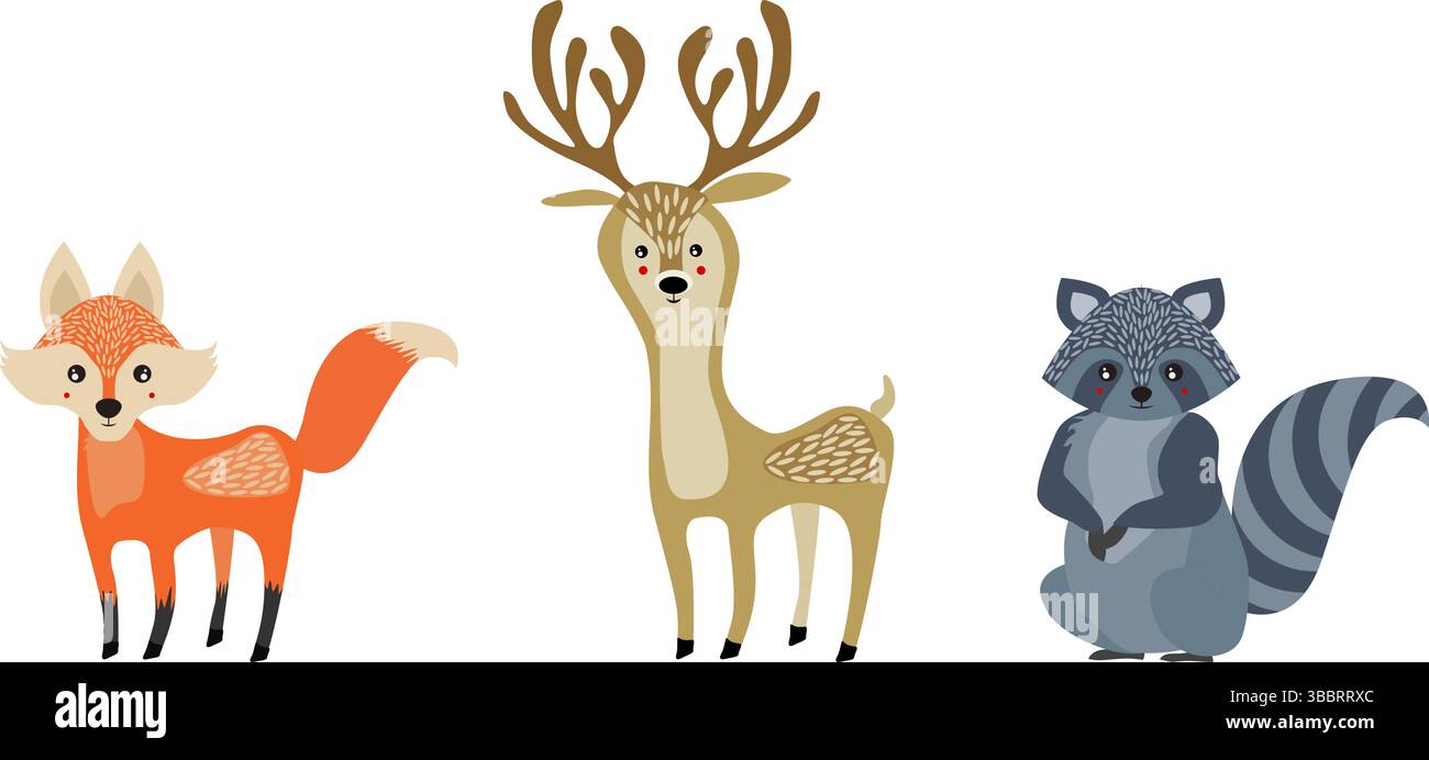 Animaux sauvages vecteurs mignons de cerf, renard et raton laveur Illustration de Vecteur
