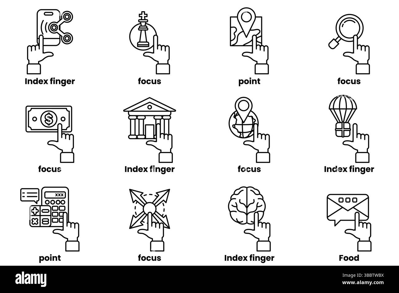 Un ensemble d'images de mains pointant vers diverses choses dans un style de dessin de ligne Illustration de Vecteur