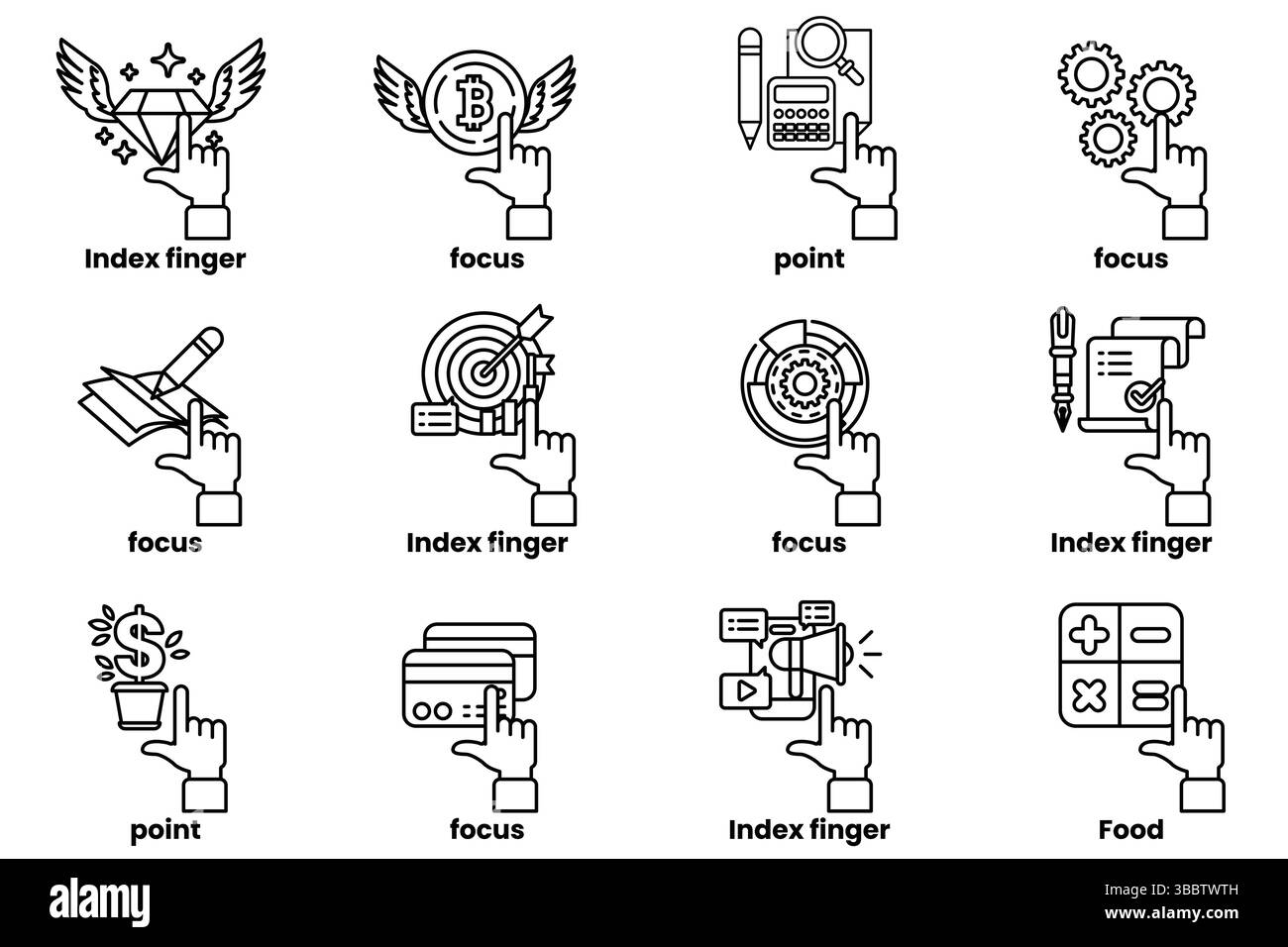 Un ensemble d'images de mains pointant vers diverses choses dans un style de dessin de ligne Illustration de Vecteur