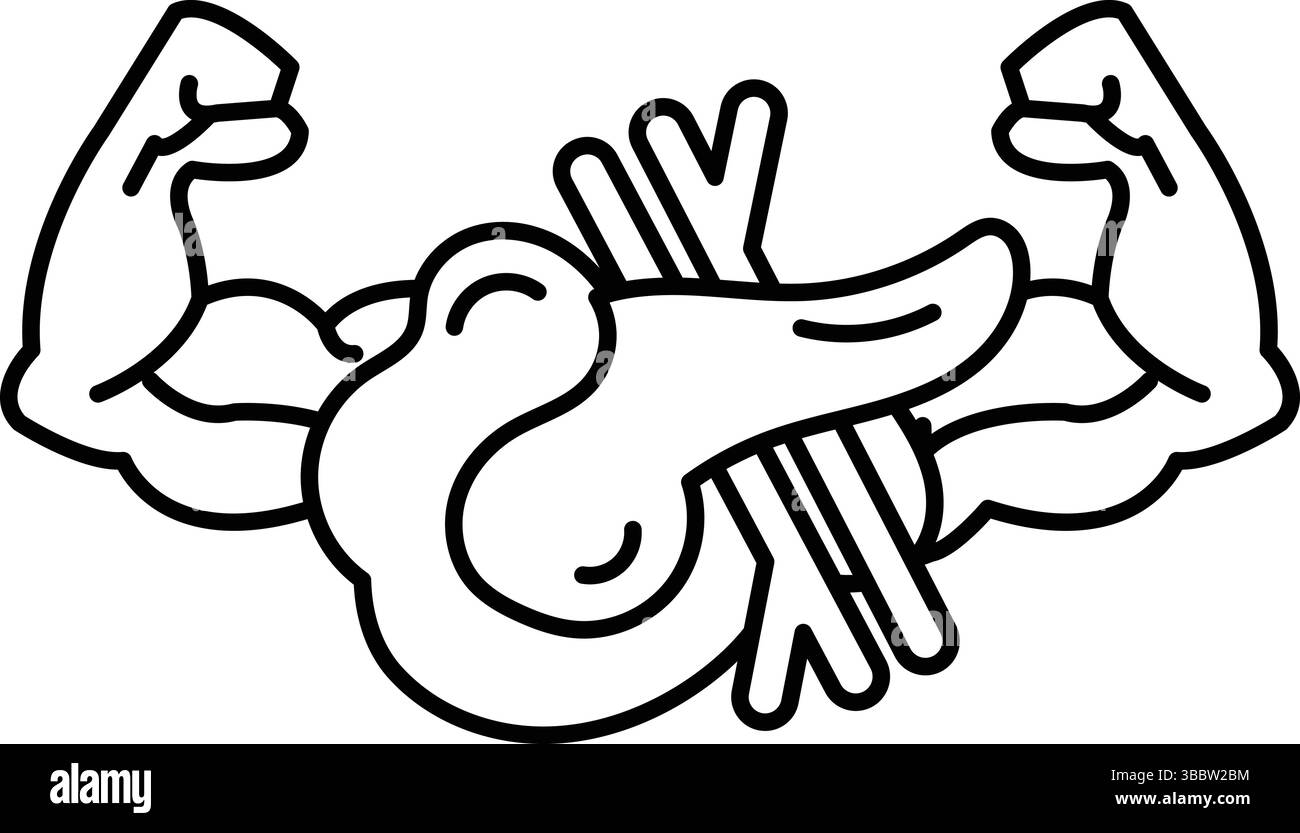 Un homme musclé avec un grand biceps tient une paire de bâtons dans ses mains. Les bâtonnets sont étiquetés « presse-étoupe » Illustration de Vecteur