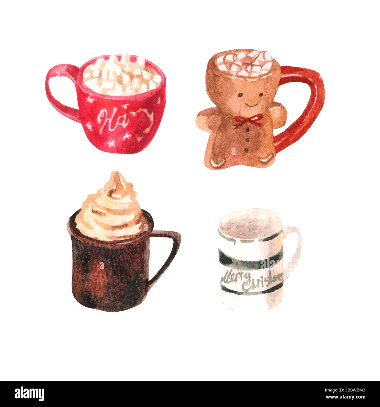 Ensemble de tasses peintes à la main à l'aquarelle Banque D'Images