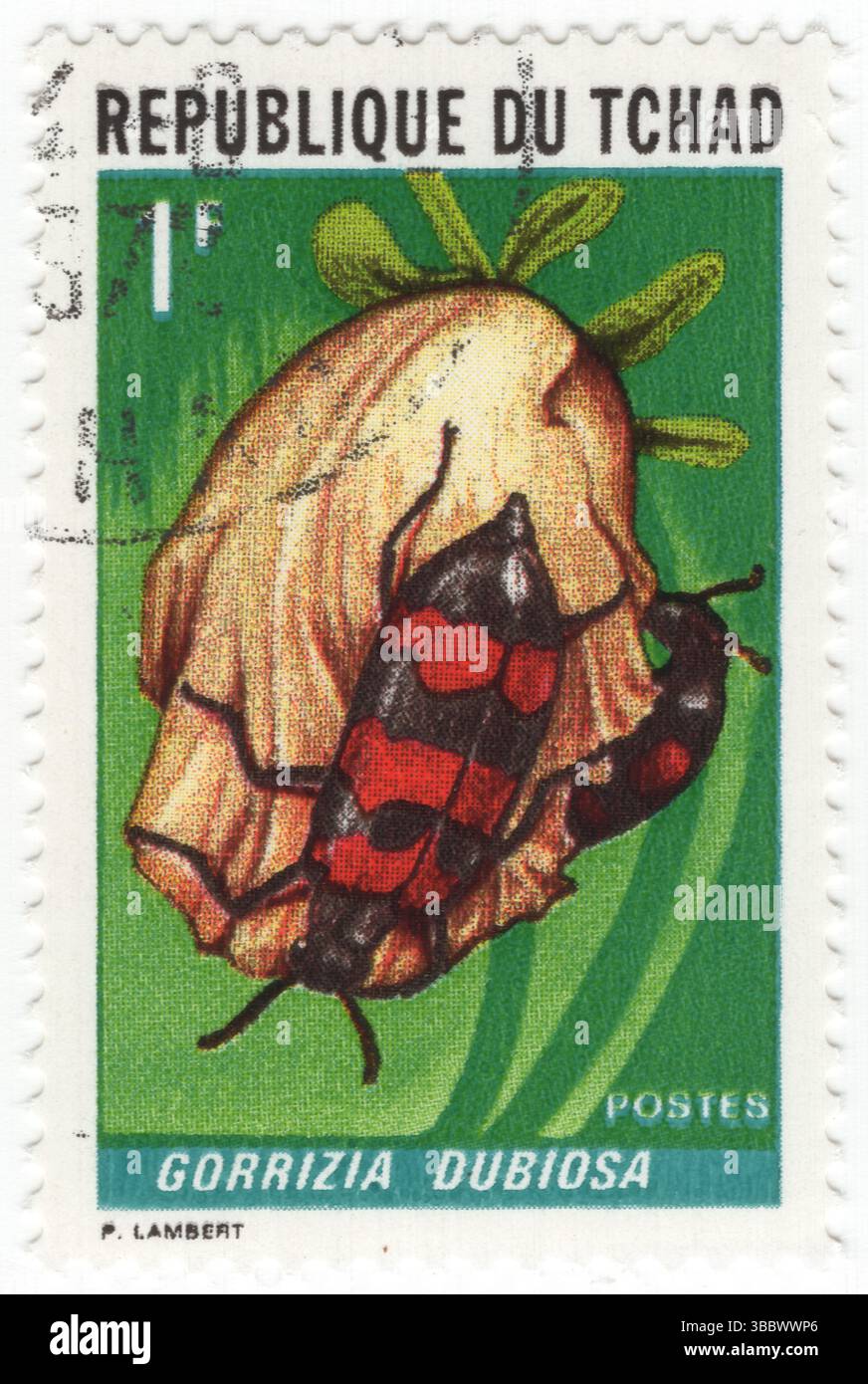 TCHAD (TCHAD) - 6 mai 1972 : timbre-poste vert à 1 franc et multicolore représentant Gorrizia dubiosa. Les coléoptères à cloques sont des coléoptères de la famille des Meloidae, appelés ainsi pour leur sécrétion défensive d'un agent cloquant, la cantharidine. Les coléoptères sont hypermetamorphiques, passant par plusieurs stades larvaires, dont le premier est typiquement une triunguline mobile. Les larves sont insectivores, attaquant principalement les abeilles, bien que quelques-unes se nourrissent d'œufs de sauterelle. Les adultes se nourrissent parfois de fleurs et de feuilles de plantes de familles aussi diverses que les Amaranthaceae, Asteraceae, Fabaceae et Solanaceae Banque D'Images