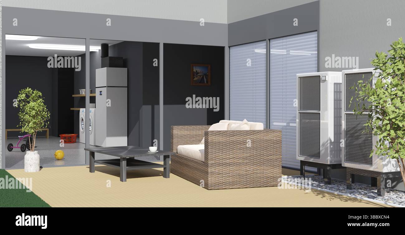 Un système de chauffage à pompe à chaleur air-eau moderne pour les ménages privés, illustration 3D Banque D'Images