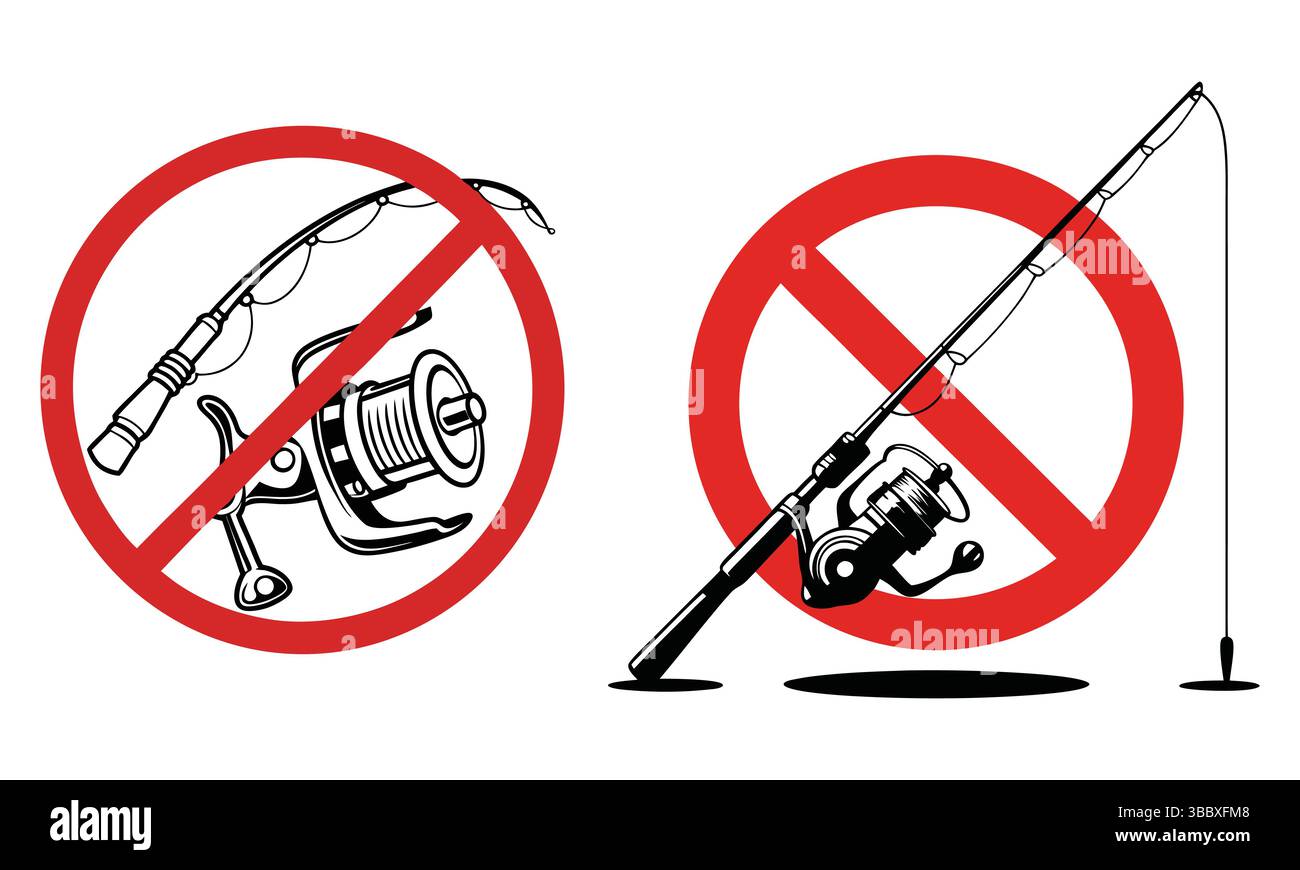 Interdiction de pêche autorisée panneaux d'interdiction illustrés avec des cannes à pêche et des moulinets dans des cercles rouges Illustration de Vecteur