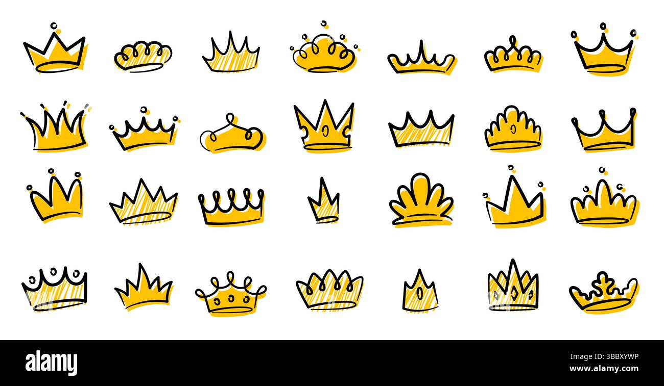 Couronne de prince dessinée à la main. Doodle rois et reines couronnes, éléments décoratifs héraldiques royaux du logo, royaux rois reines dorées couronne vintage icônes de croquis Illustration de Vecteur
