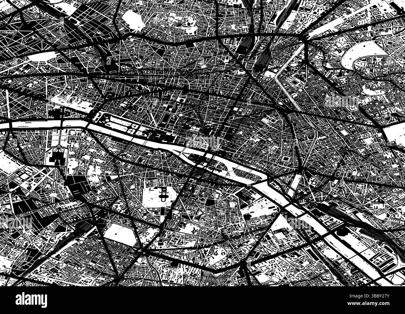 Carte vectorielle de Paris, France – disposition des rues et des bâtiments en noir et blanc Illustration de Vecteur