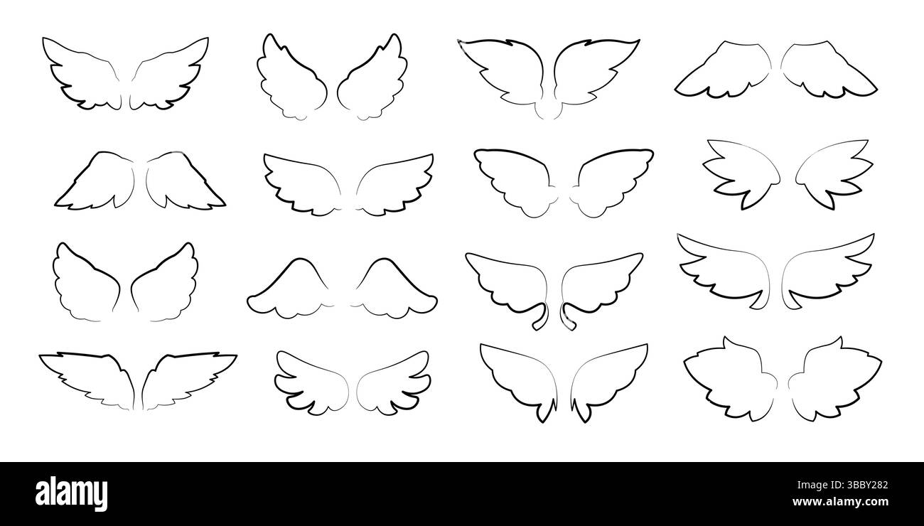 Icône d'ailes de ligne. Dessin d'aile de contour d'ange, silhouette ailée de plume noire, éléments décoratifs d'oiseau doodle, symboles de liberté de vol. Ailes de vecteur Illustration de Vecteur