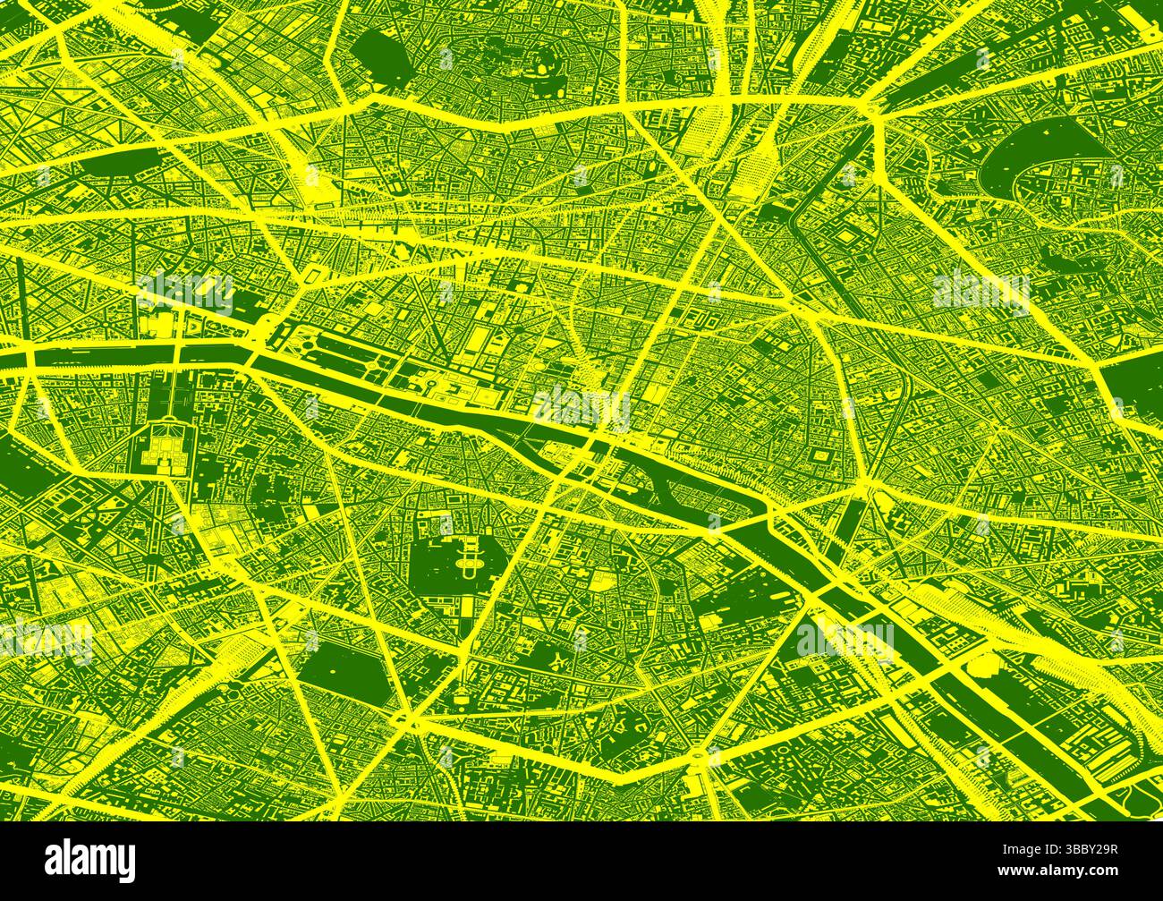 Carte vectorielle de Paris, France – disposition stylisée de la ville en vert et jaune Illustration de Vecteur
