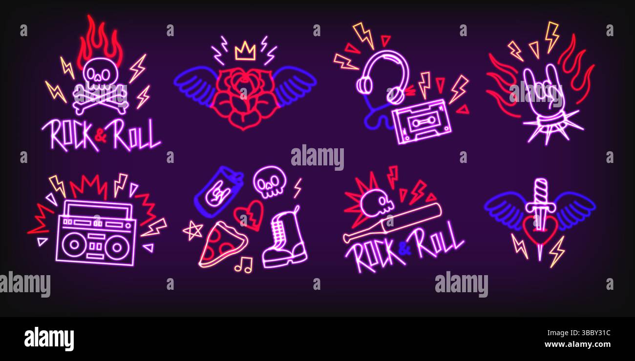 Roche néon. Logo rétro Rock n Roll Glowing avec panneaux punk néon pour affiche de festival de musique ou pub rock, design de panneau néon de boîte de nuit. Vector 80s. Illustration de Vecteur