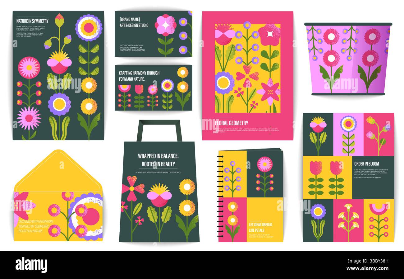 Fleurs identité corporative. Maquette de carte d'invitation d'affaires florale, bannières d'affiche flyer de brochure de fleurs géométriques. Fleur abstraite minimale vectorielle Illustration de Vecteur