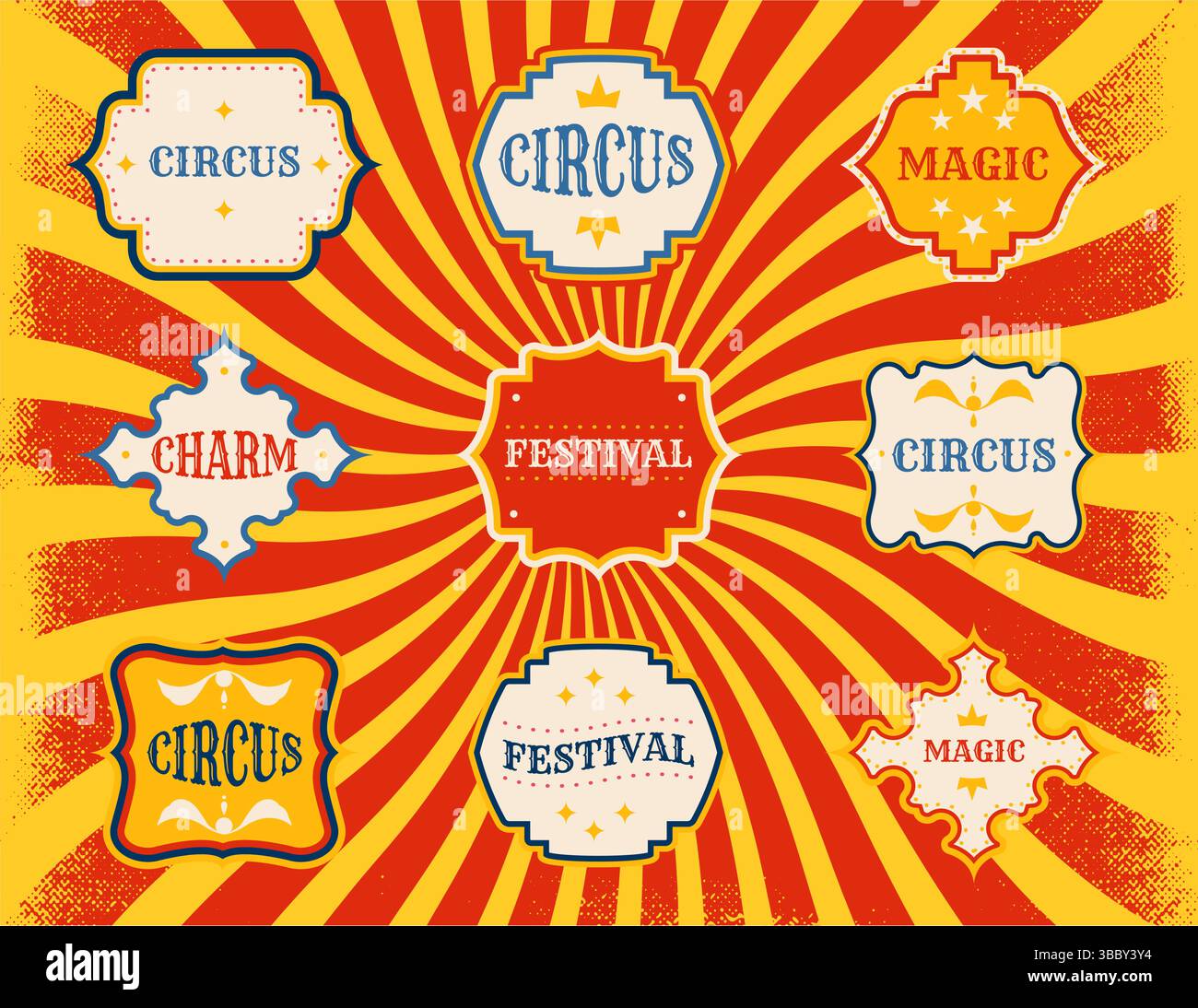 Étiquettes de cirque vintage. Vieux cadres du festival de carnaval, autocollants de cirque rétro pour la bannière de cartes d'invitation de voeux et la conception d'affiche. Ensemble isolé de vecteur Illustration de Vecteur